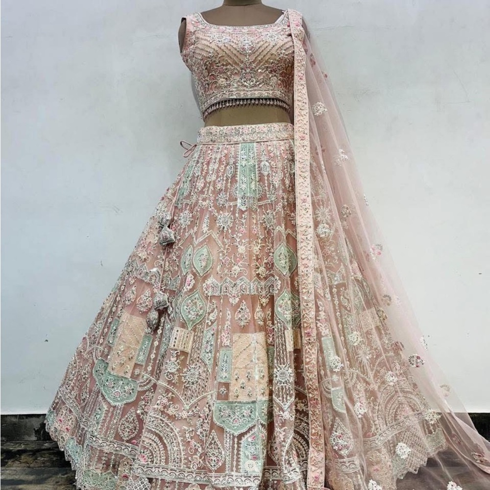 Elegant Pink and Green Embroidered Lehenga